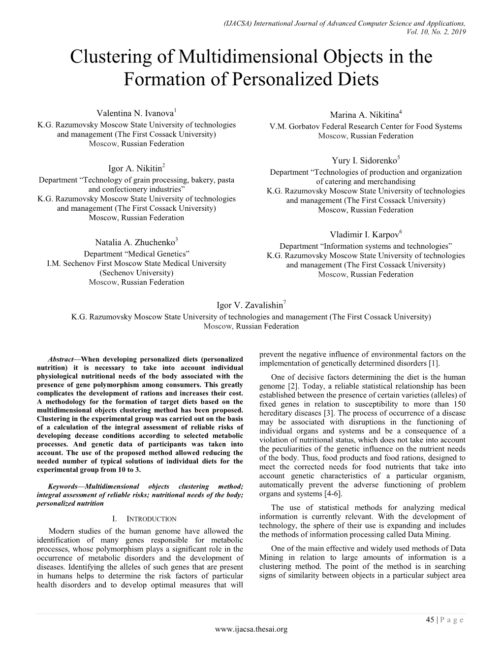 Clustering of Multidimensional Objects in the Formation of Personalized Diets