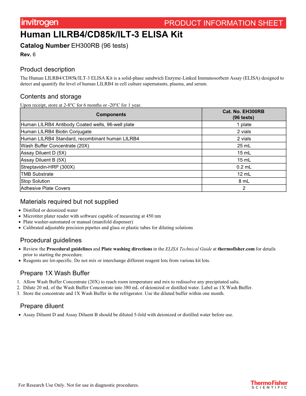 Human LILRB4/Cd85k/ILT-3 ELISA Kit Catalog Number EH300RB (96 Tests) Rev