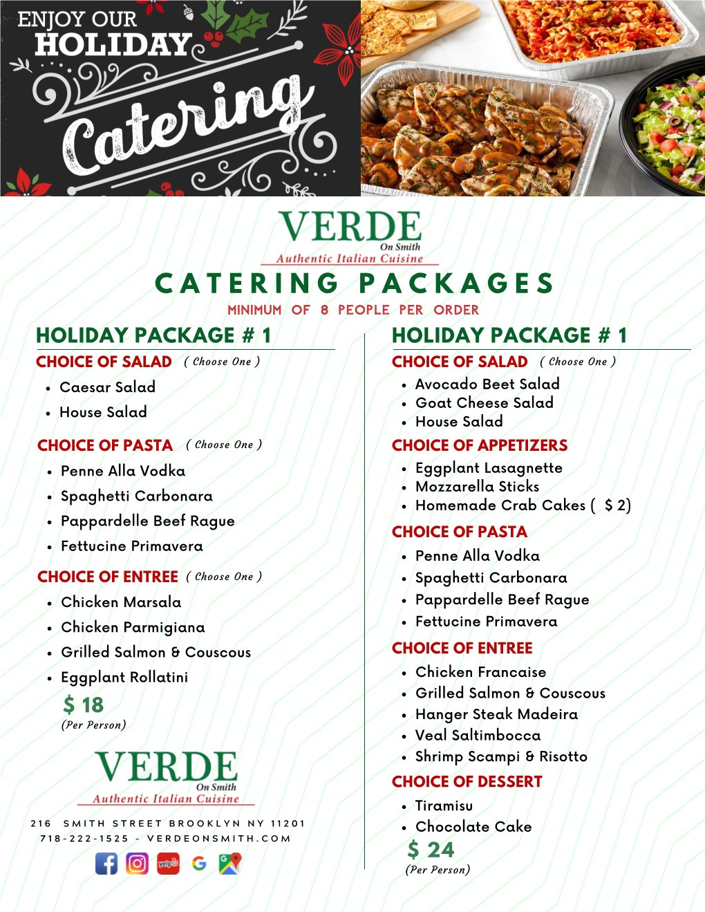 Verde on Smith Catering Menu Packages