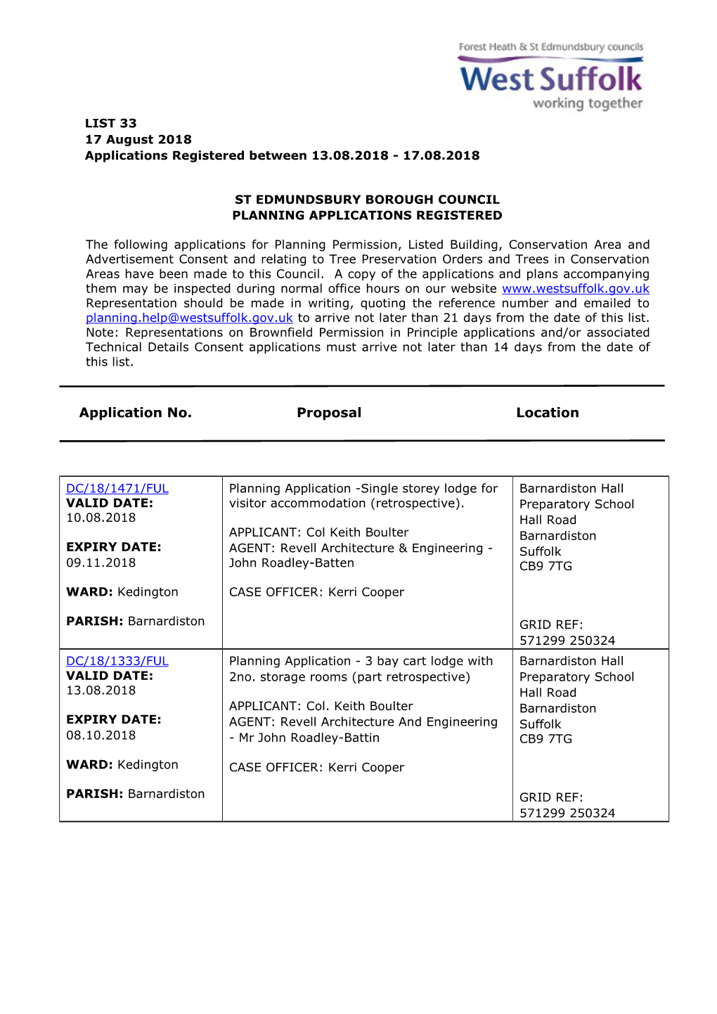 SEBC Planning Applications 33/18