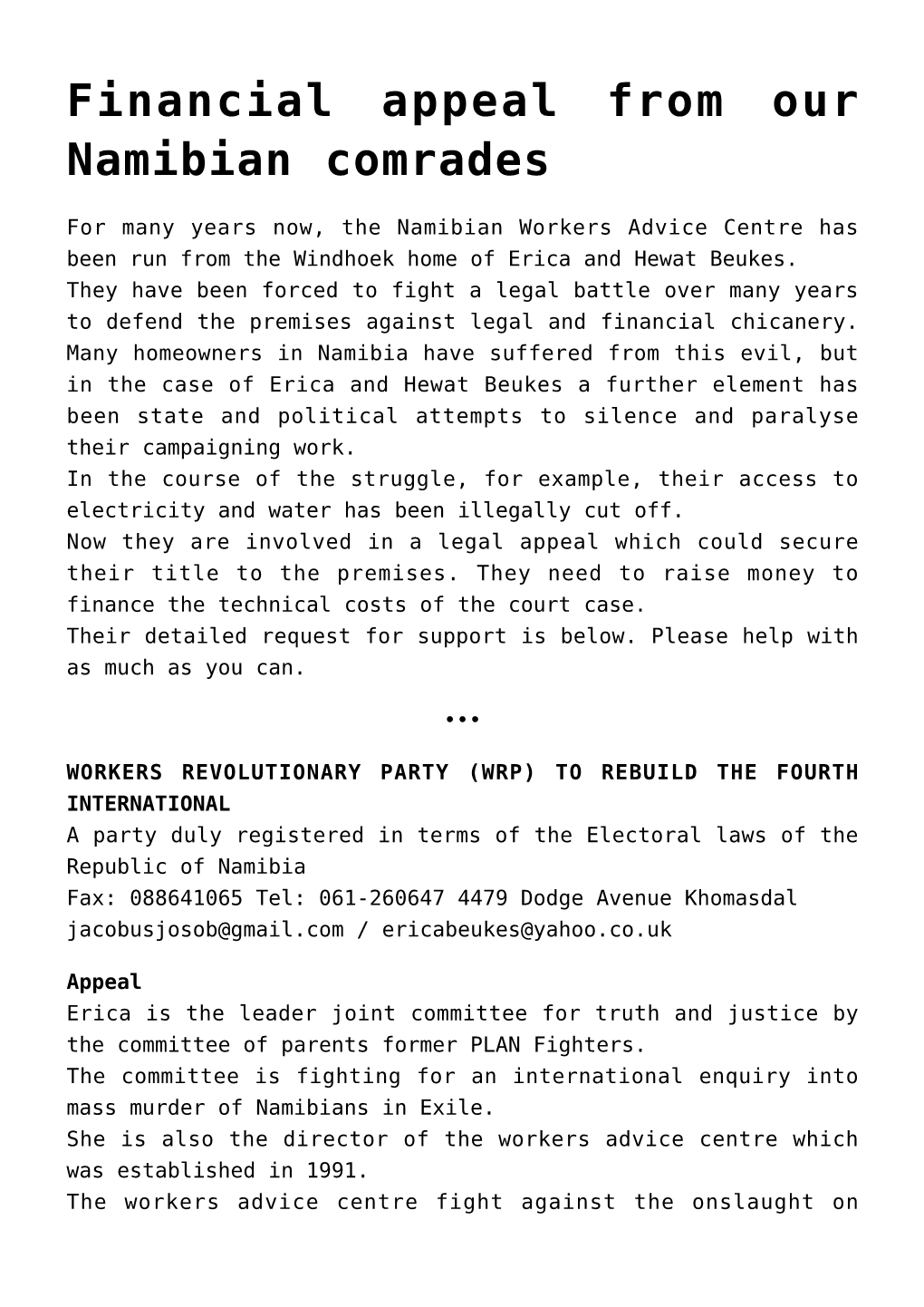 Financial Appeal from Our Namibian Comrades,A Powerful Manifesto and a Serious Appeal,Defend Casual Workers Advice Office In