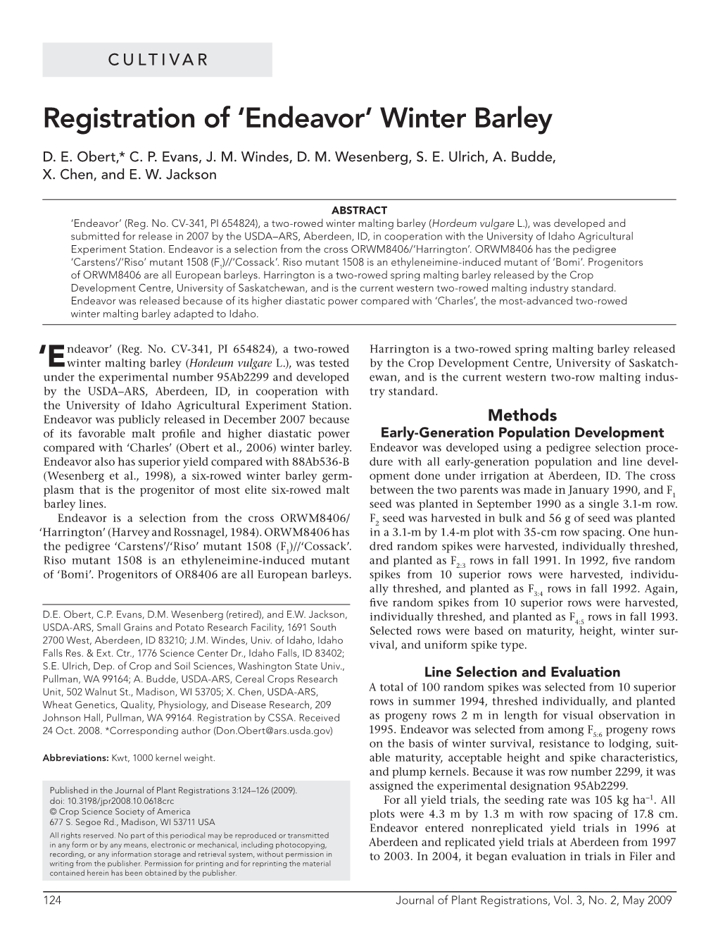 Registration of 'Endeavor' Winter Barley