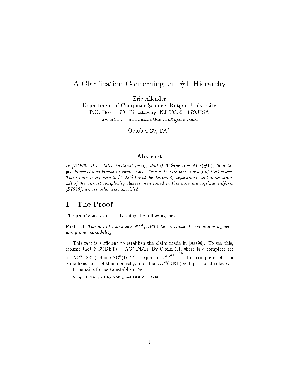 A Clari Cation Concerning the L Hierarchy 1 the Proof