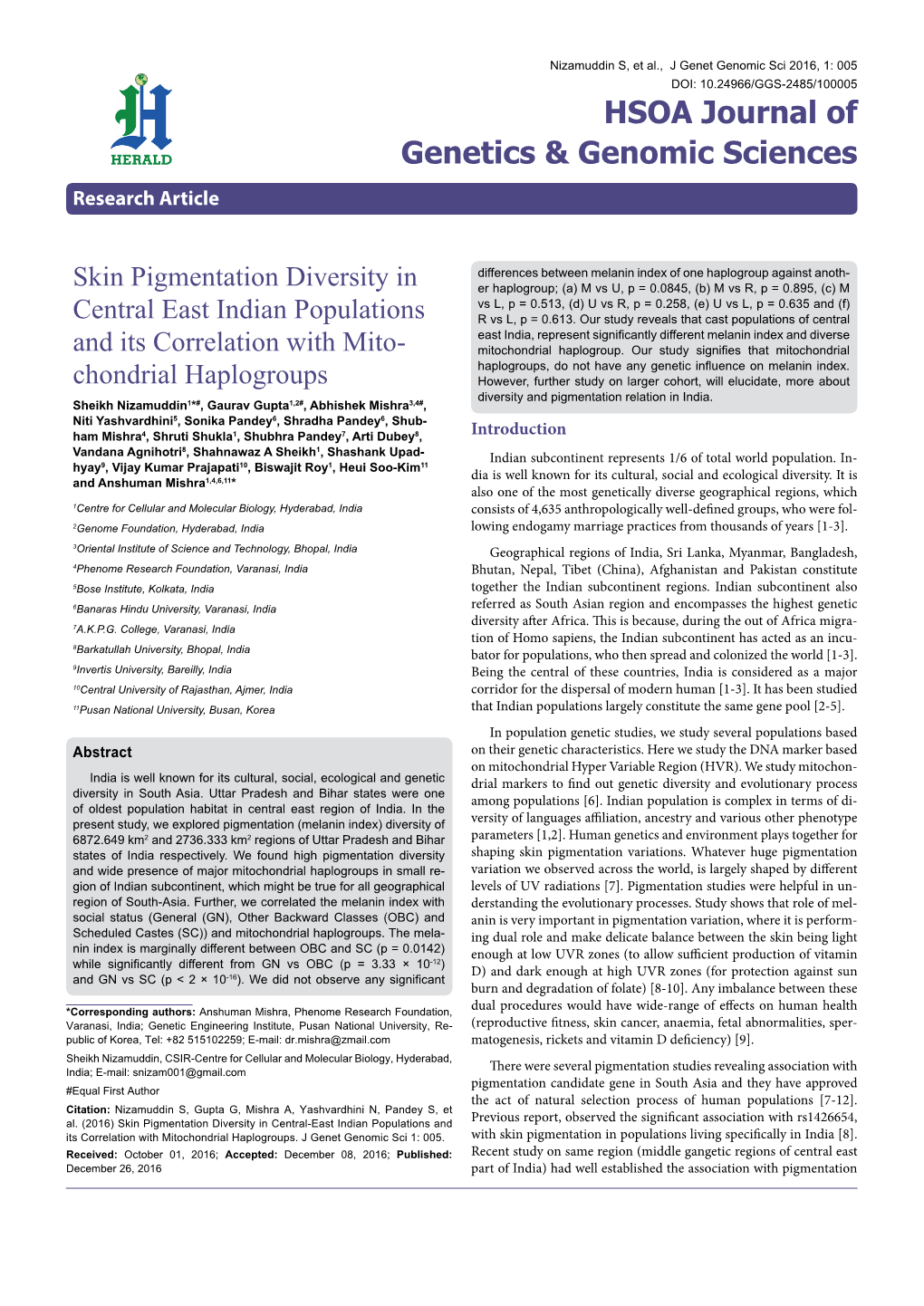 Skin Pigmentation Diversity in Central East Indian Populations and Its