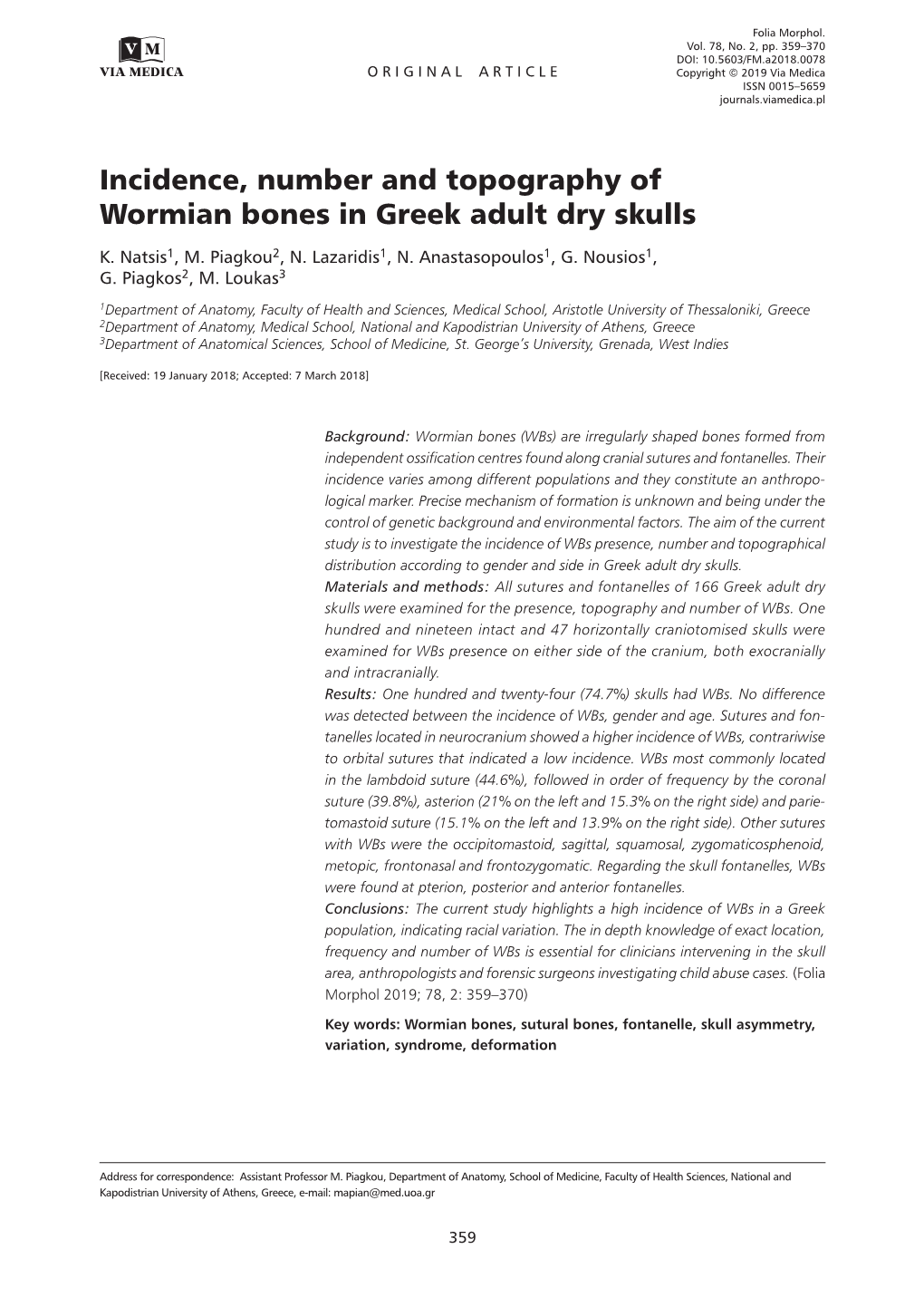 Incidence, Number and Topography of Wormian Bones in Greek Adult Dry Skulls K