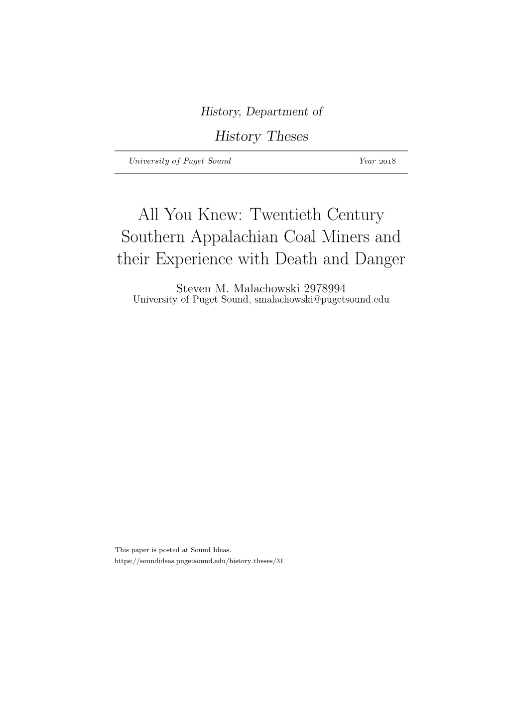 Twentieth Century Southern Appalachian Coal Miners and Their Experience with Death and Danger