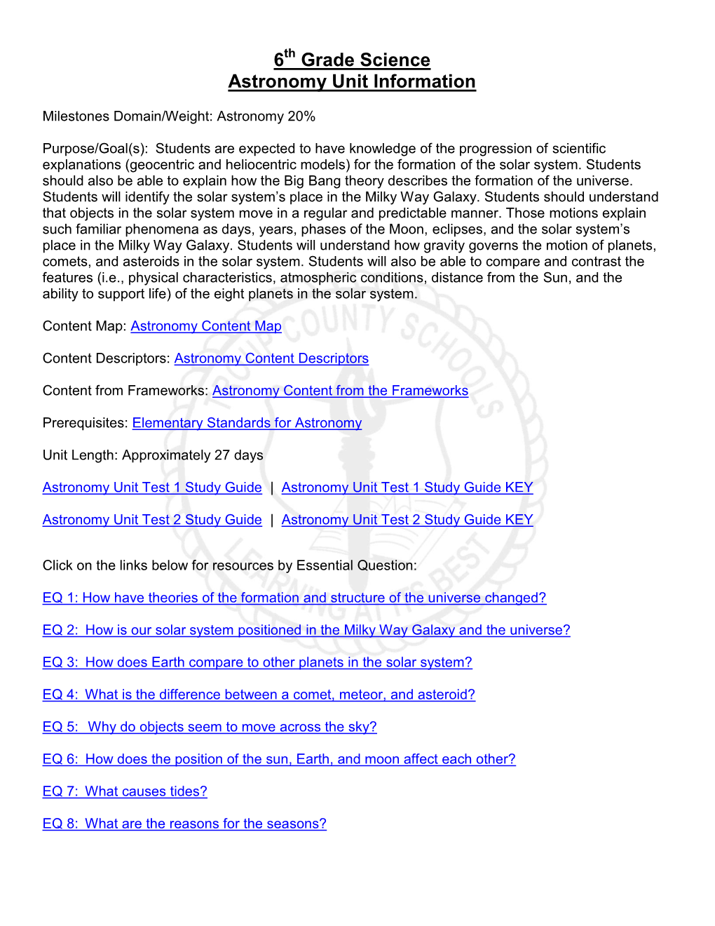 6 Grade Science Astronomy Unit Information