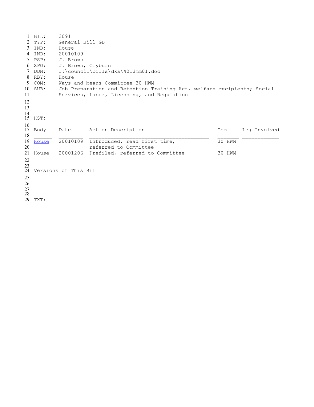 2001-2002 Bill 3091: Job Preparation and Retention Training Act, Welfare Recipients; Social