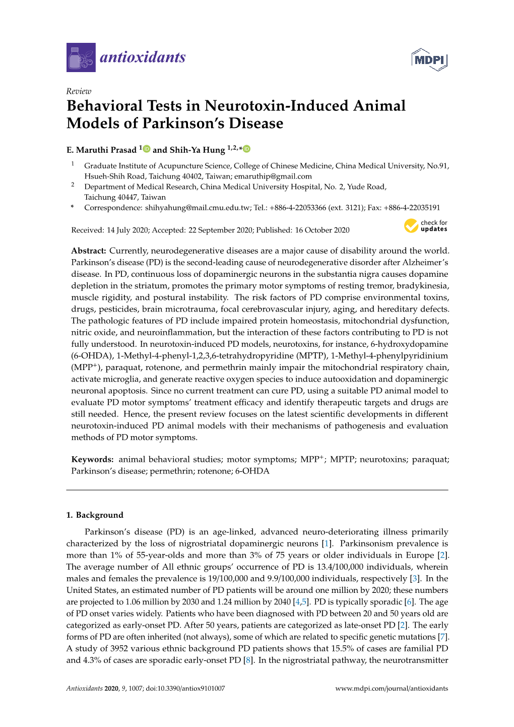 Behavioral Tests in Neurotoxin-Induced Animal Models of Parkinson’S Disease