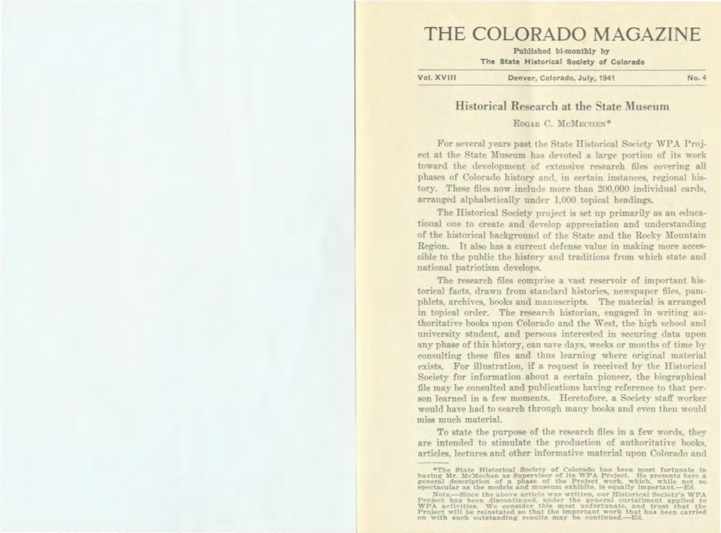 COLORADO MAGAZINE Published Bl-Monthly by the State Historical Society of Colorado