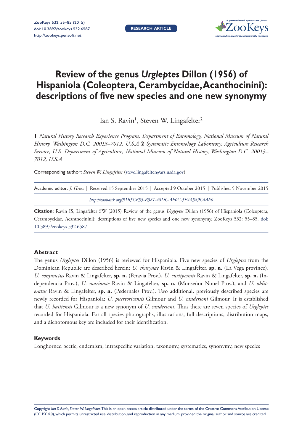 ﻿Review of the Genus Urgleptes Dillon (1956) of Hispaniola (Coleoptera