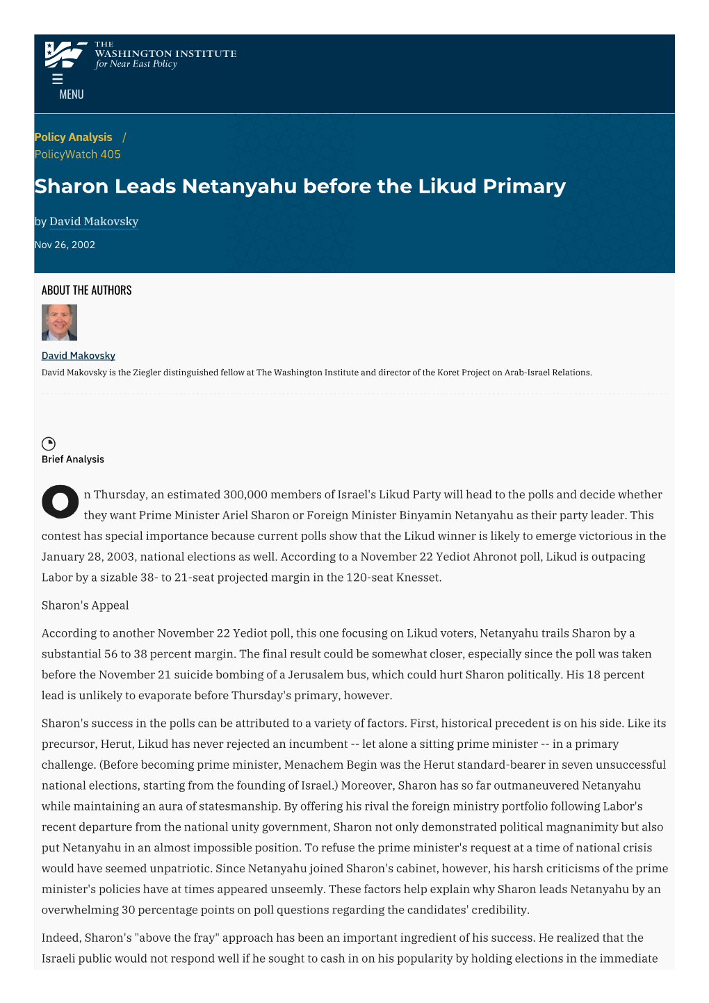 Sharon Leads Netanyahu Before the Likud Primary by David Makovsky