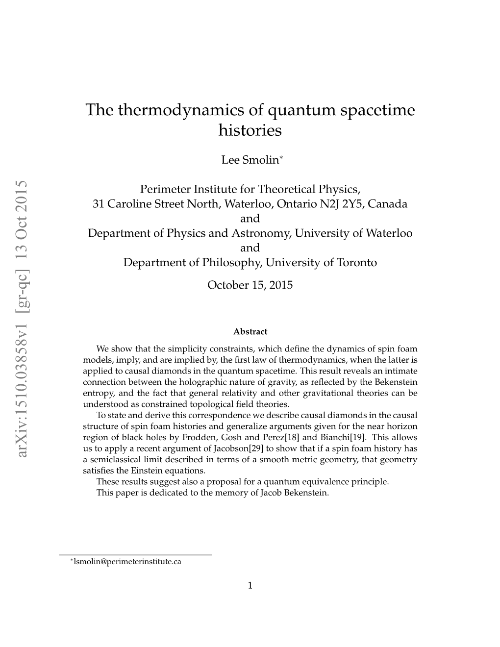 The Thermodynamics of Quantum Spacetime Histories Arxiv