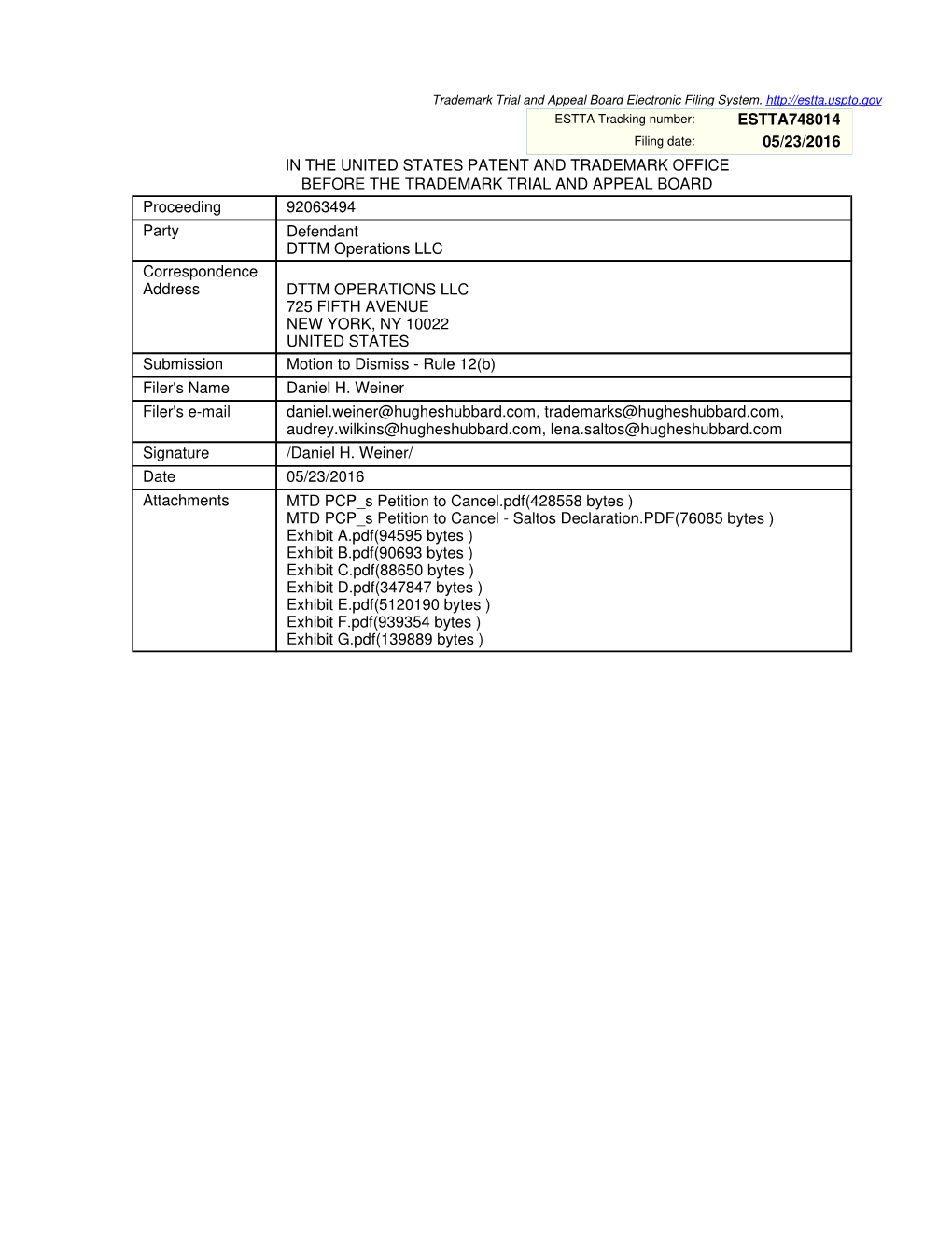 ESTTA748014 05/23/2016 in the UNITED STATES PATENT and TRADEMARK OFFICE BEFORE the TRADEMARK TRIAL and APPEAL BOARD Proceeding 9