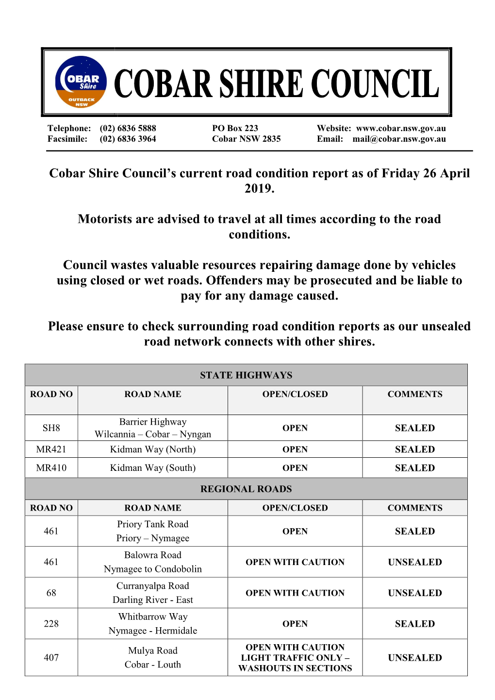 Cobar Shire Council's Current Road Condition Report As of Friday 26