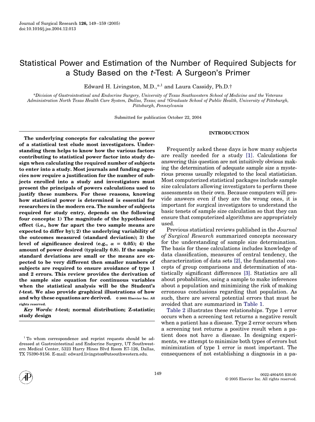 Statistical Power and Estimation of the Number of Required Subjects for a Study Based on the T-Test: a Surgeon’S Primer