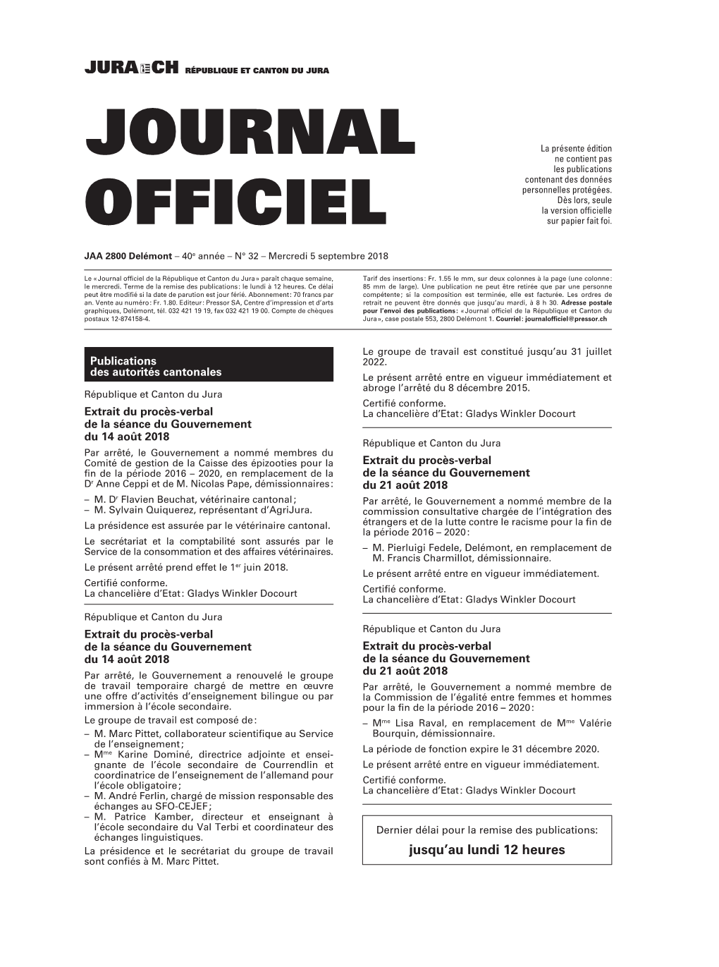 Journal Officiel De La République Et Canton Du Jura » Paraît Chaque Semaine, Tarif Des Insertions : Fr