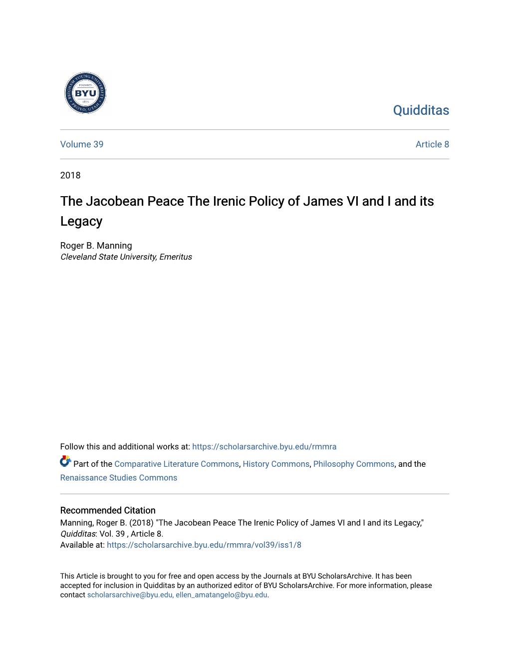 The Jacobean Peace the Irenic Policy of James VI and I and Its Legacy