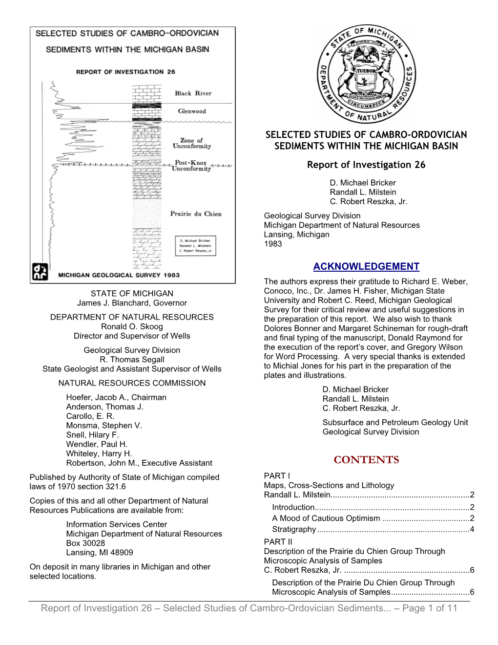 CONTENTS Published by Authority of State of Michigan Compiled PART I Laws of 1970 Section 321.6 Maps, Cross-Sections and Lithology Randall L