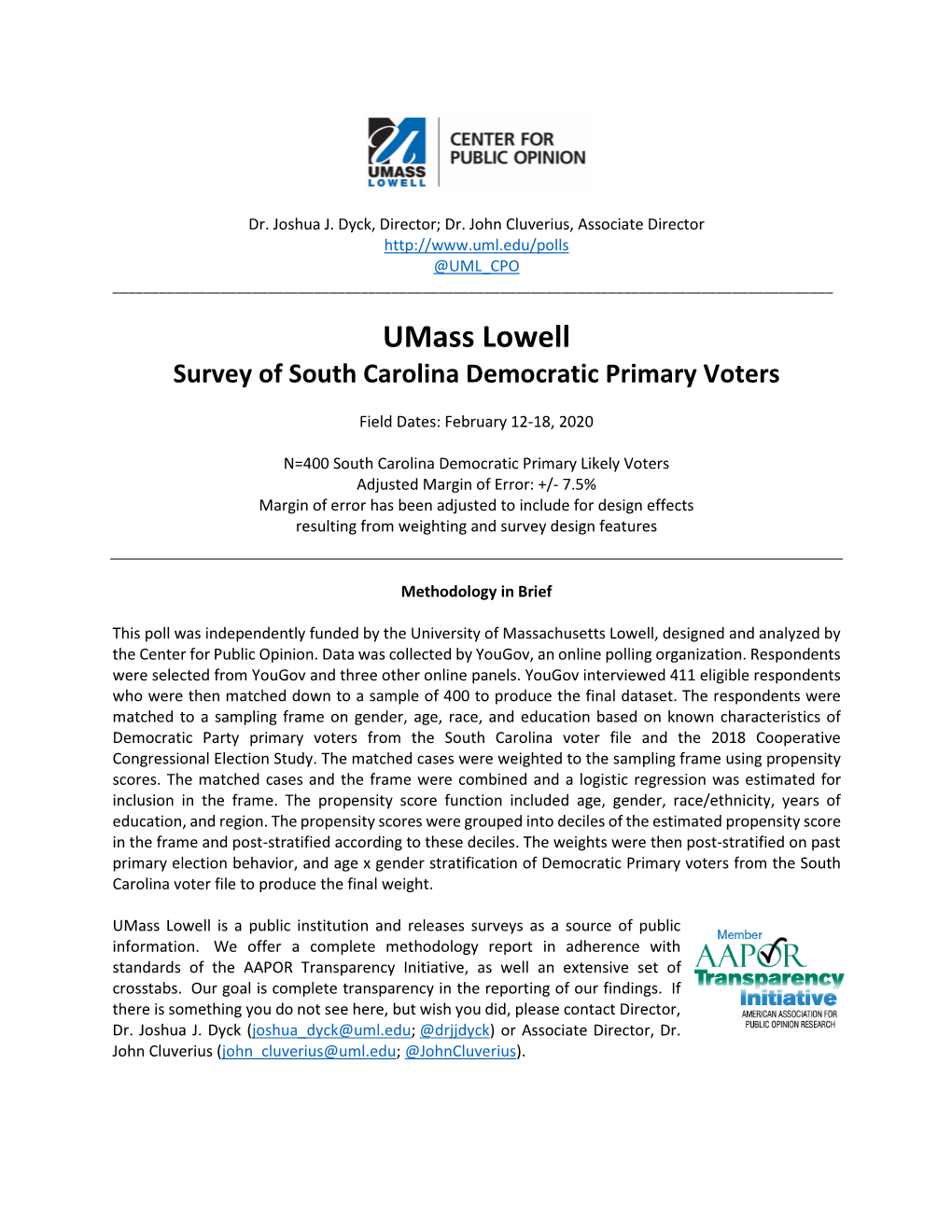 Umass Lowell Survey of South Carolina Democratic Primary Voters