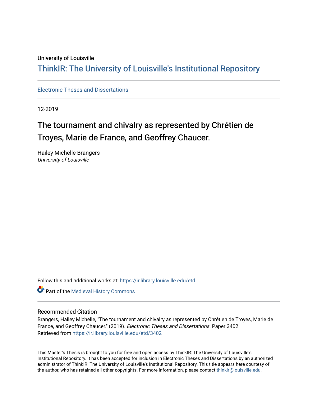 The Tournament and Chivalry As Represented by Chrétien De Troyes, Marie De France, and Geoffrey Chaucer