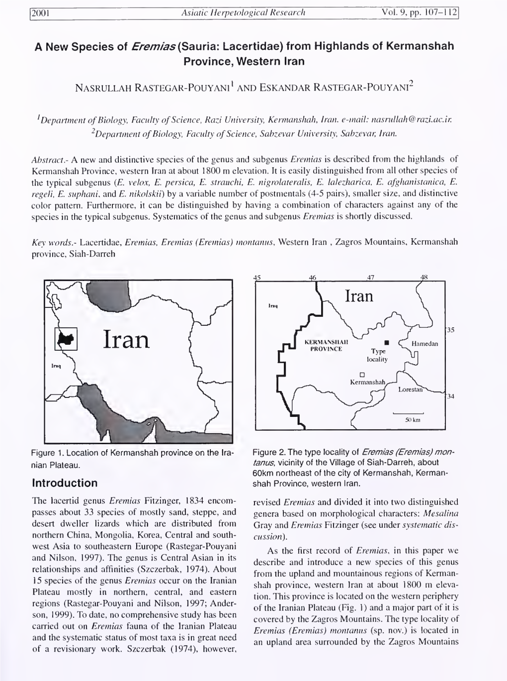 A New Species of Eremias (Sauna: Lacertidae) from Highlands of Kermanshah Province, Western Iran