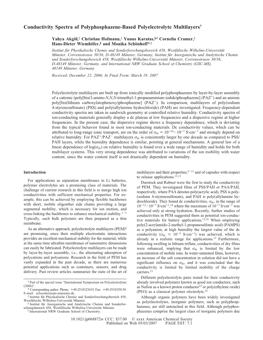 Conductivity Spectra of Polyphosphazene-Based Polyelectrolyte Multilayers†
