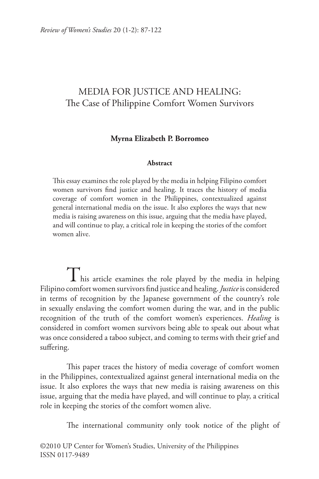 Media Justice and Healing: the Case of Philippine Comfort Women Survivors