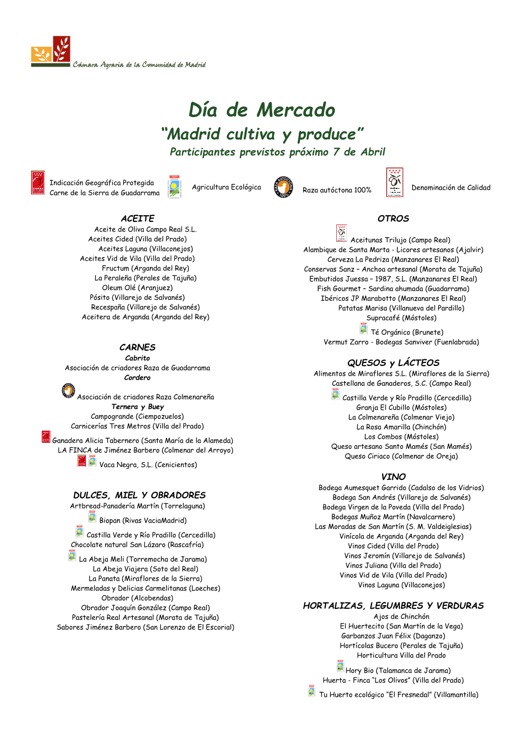 Día De Mercado “Madrid Cultiva Y Produce” Participantes Previstos Próximo 7 De Abril