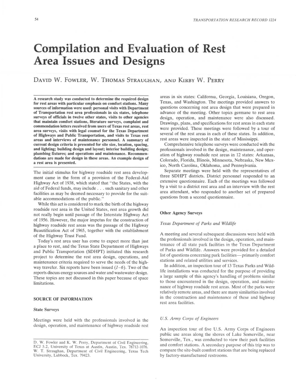 Compilation and Evaluation of Rest Area Issues and Designs