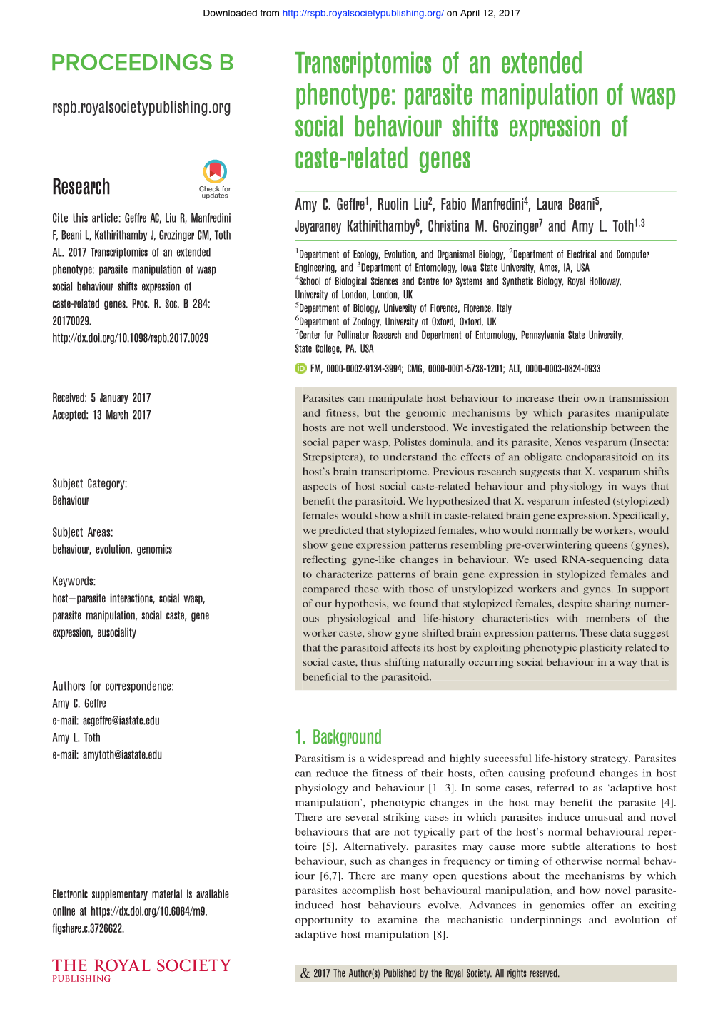 Parasite Manipulation of Wasp Social Behaviour Shifts Expression of Caste-Related Genes Research Amy C