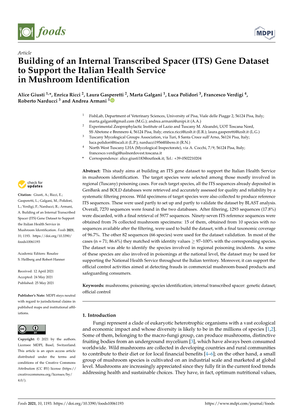 Gene Dataset to Support the Italian Health Service in Mushroom Identification