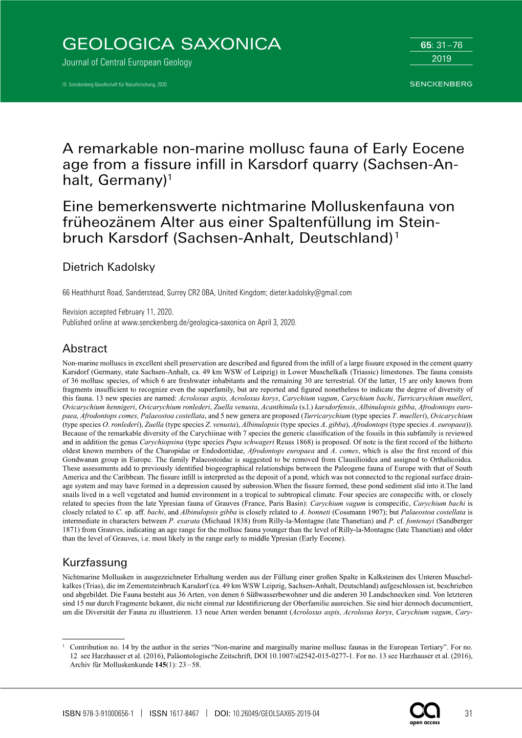 A Remarkable Non-Marine Mollusc Fauna of Early Eocene