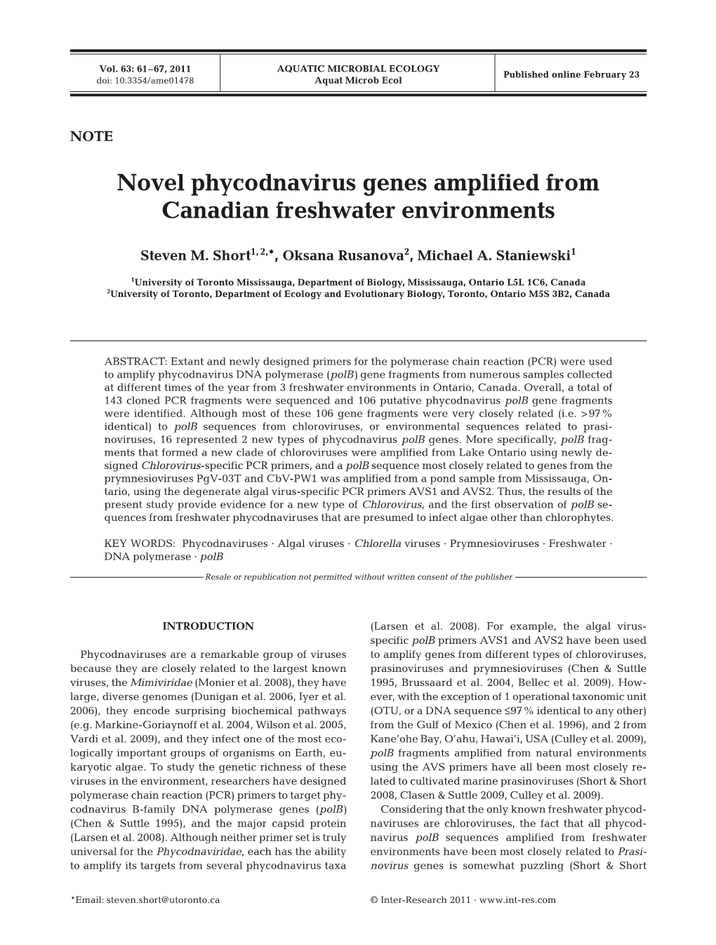 Novel Phycodnavirus Genes Amplified from Canadian Freshwater Environments