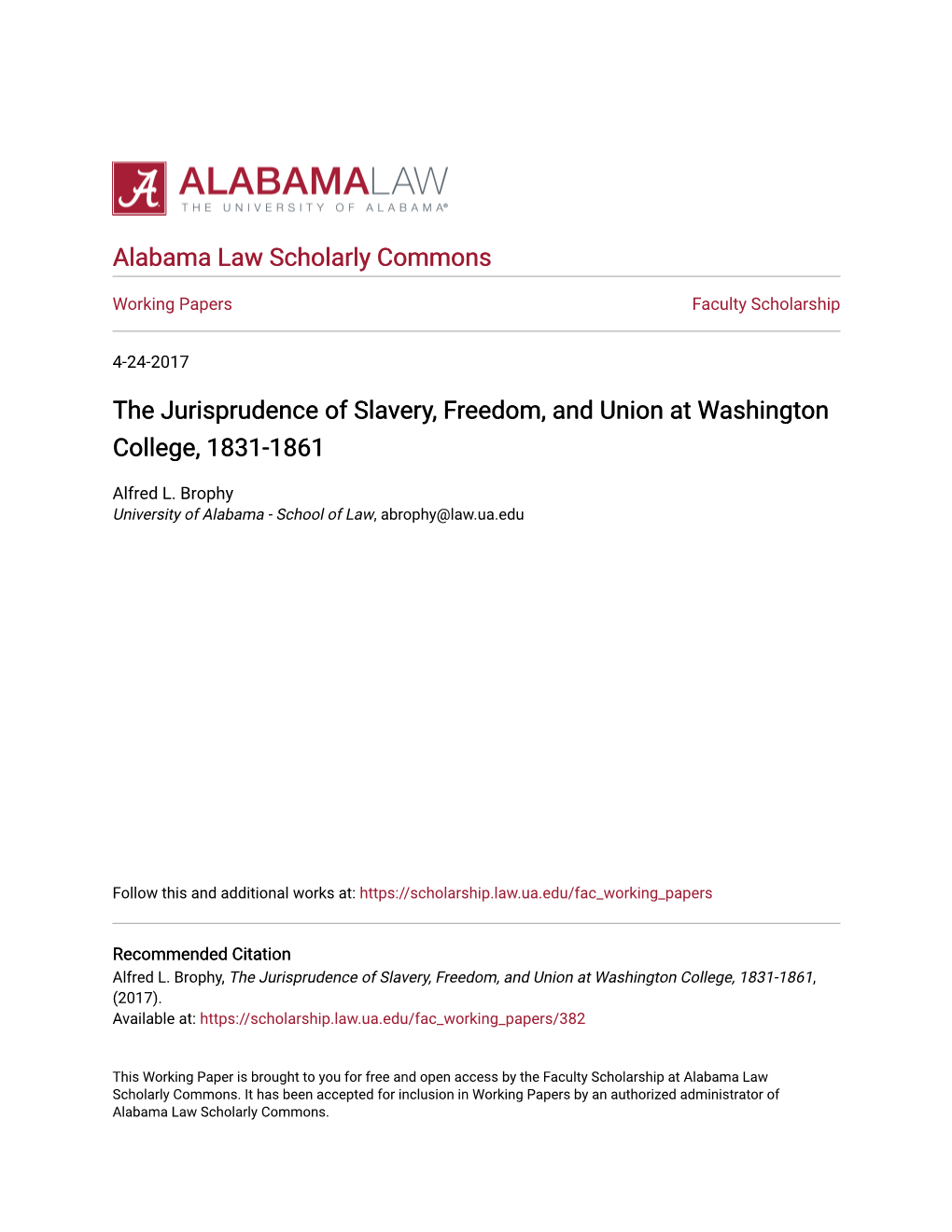 The Jurisprudence of Slavery, Freedom, and Union at Washington College, 1831-1861