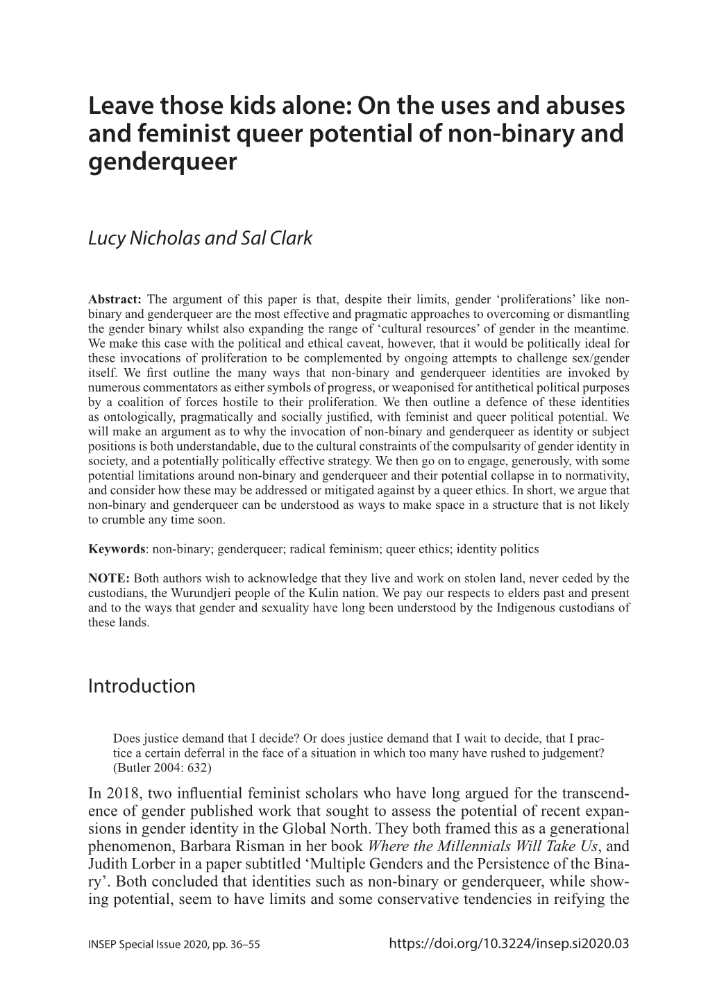 On the Uses and Abuses and Feminist Queer Potential of Non-Binary and Genderqueer