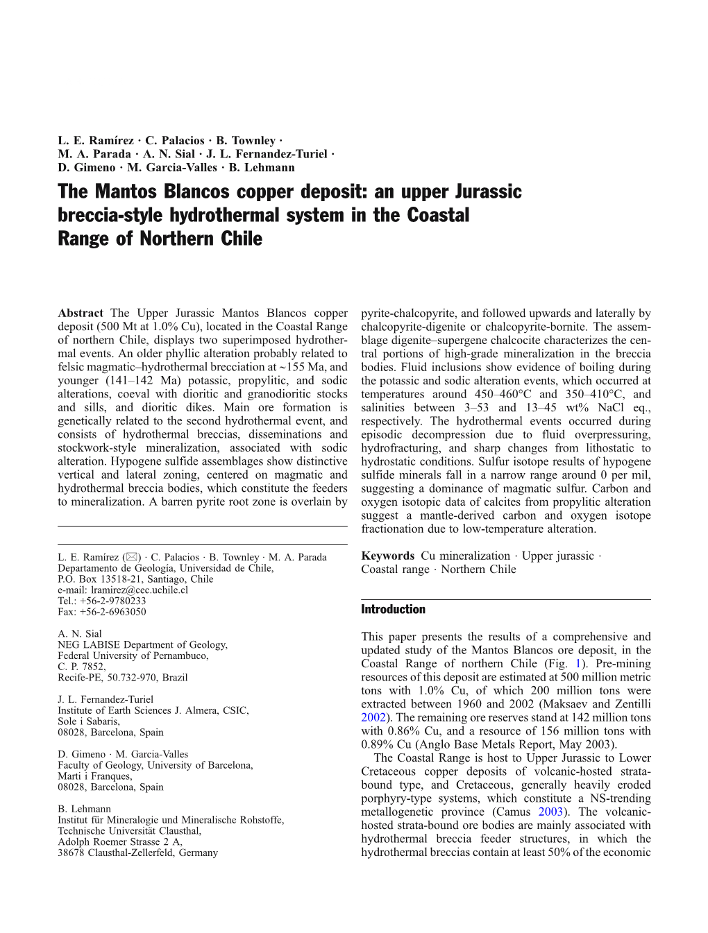 The Mantos Blancos Copper Deposit: an Upper Jurassic Breccia-Style Hydrothermal System in the Coastal Range of Northern Chile