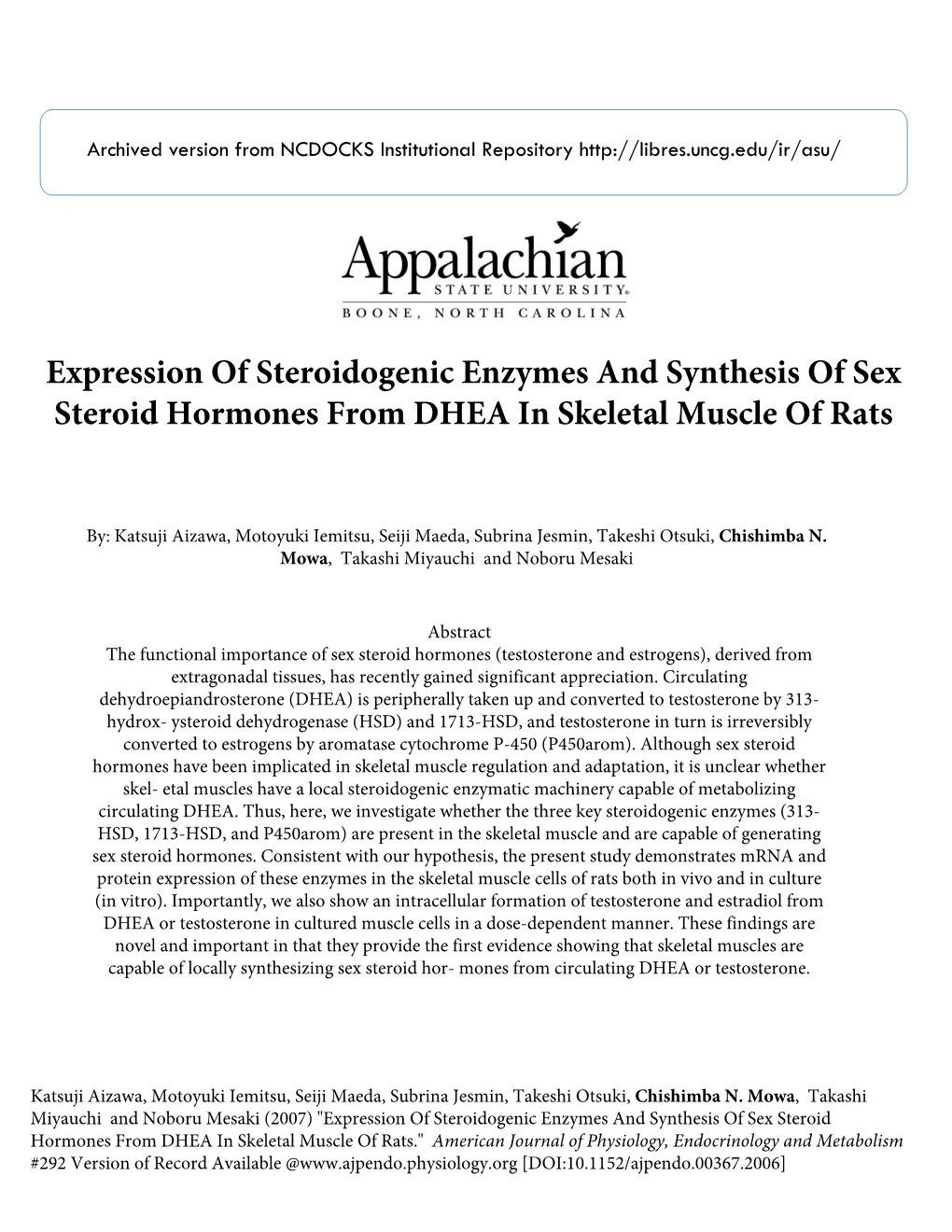 Expression of Steroidogenic Enzymes and Synthesis of Sex Steroid Hormones from DHEA in Skeletal Muscle of Rats