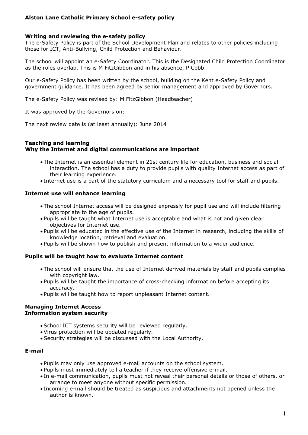 Alston Lane Catholic Primary School E-Safety Policy