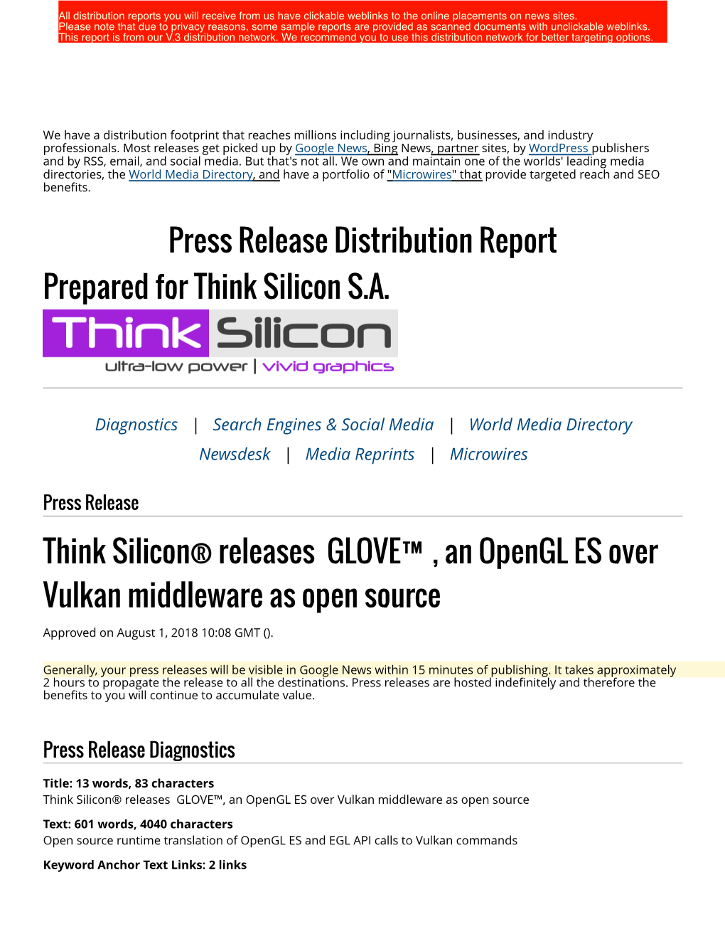 Press Release Distribution Report Prepared for Think Silicon S.A