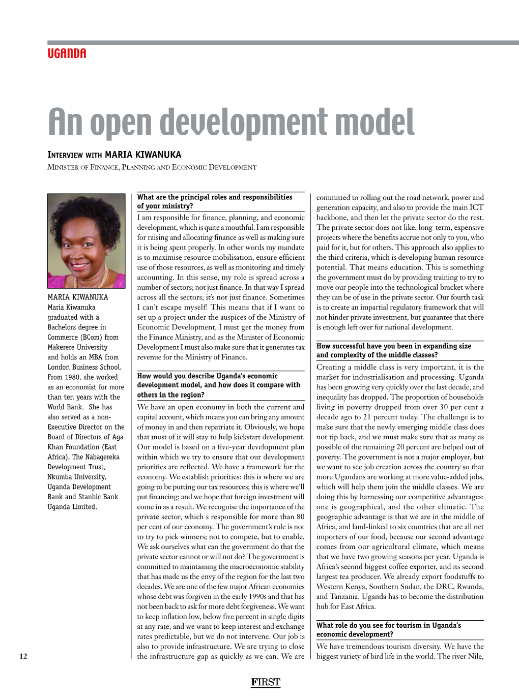 An Open Development Model Interview with MARIA KIWANUKA Minister of Finance, Planning and Economic Development