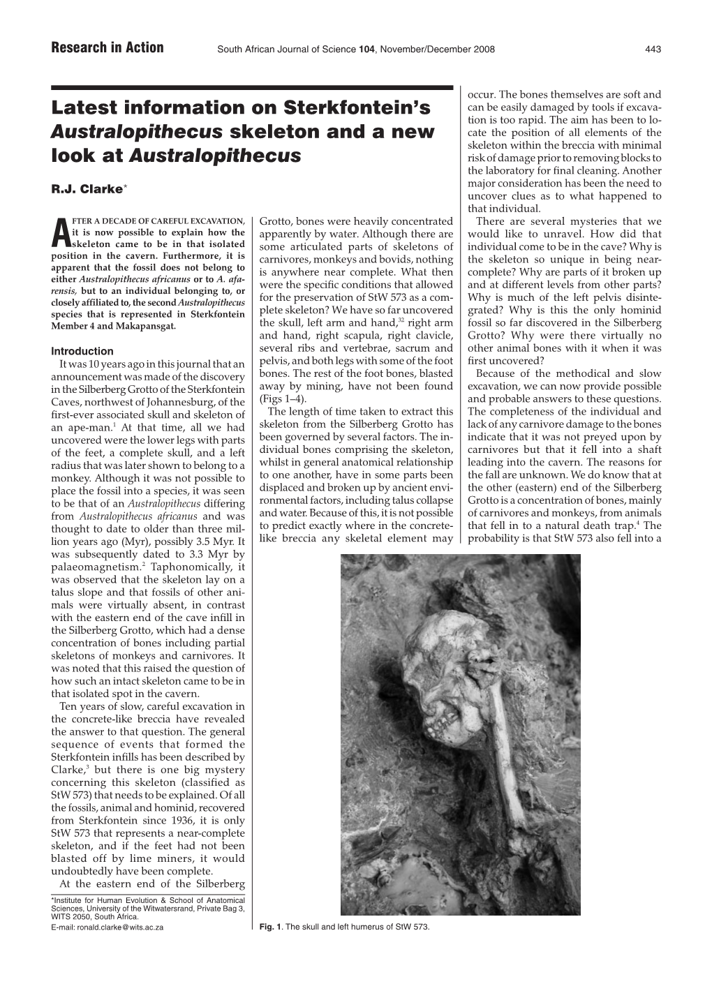 Latest Information on Sterkfontein's Australopithecus Skeleton and A