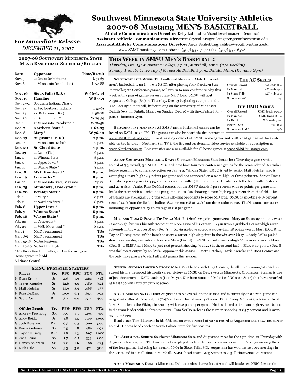 Southwest Minnesota State University Athletics 2007-08 Mustang MEN's