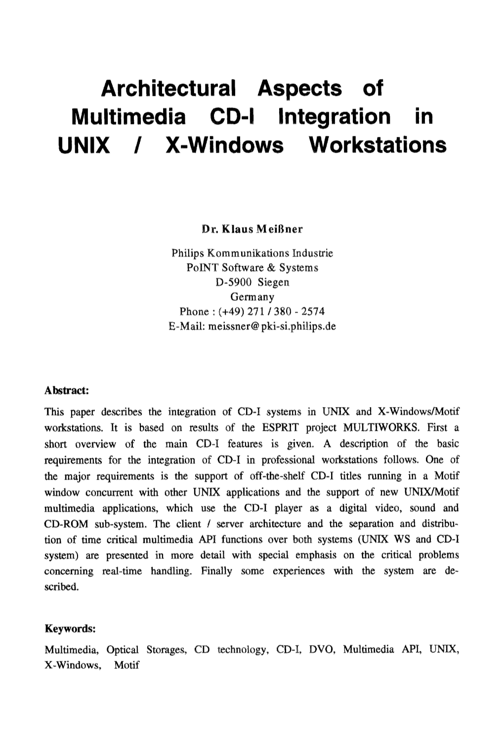 Architectural Aspects of Multimedia CD-I Integration in UNIX/X