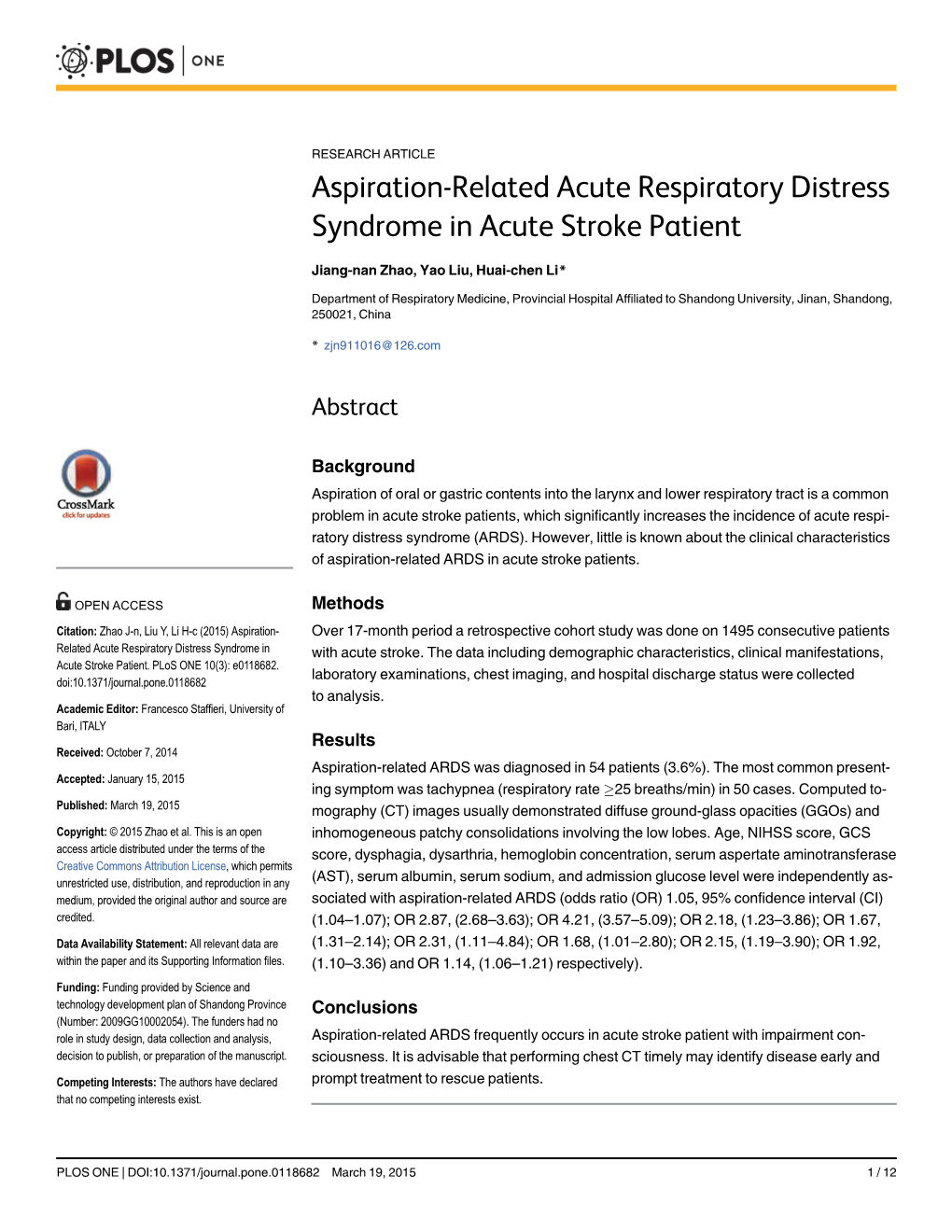 Aspiration-Related Acute Respiratory Distress Syndrome in Acute Stroke Patient