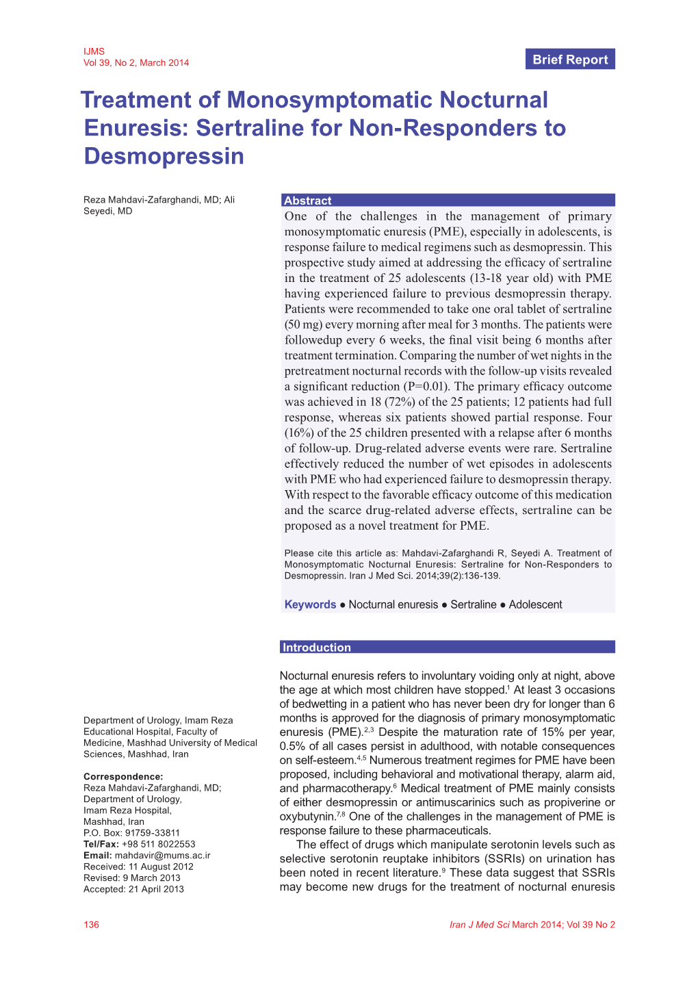 Treatment of Monosymptomatic Nocturnal Enuresis: Sertraline for Non-Responders to Desmopressin