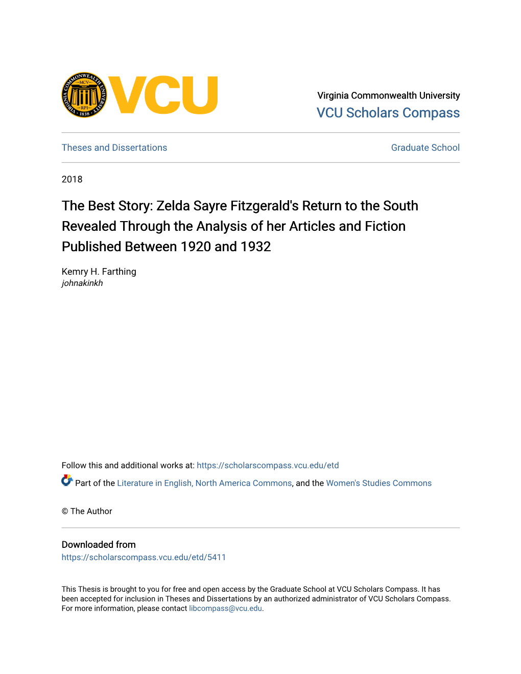 Zelda Sayre Fitzgerald's Return to the South Revealed Through the Analysis of Her Articles and Fiction Published Between 1920 and 1932