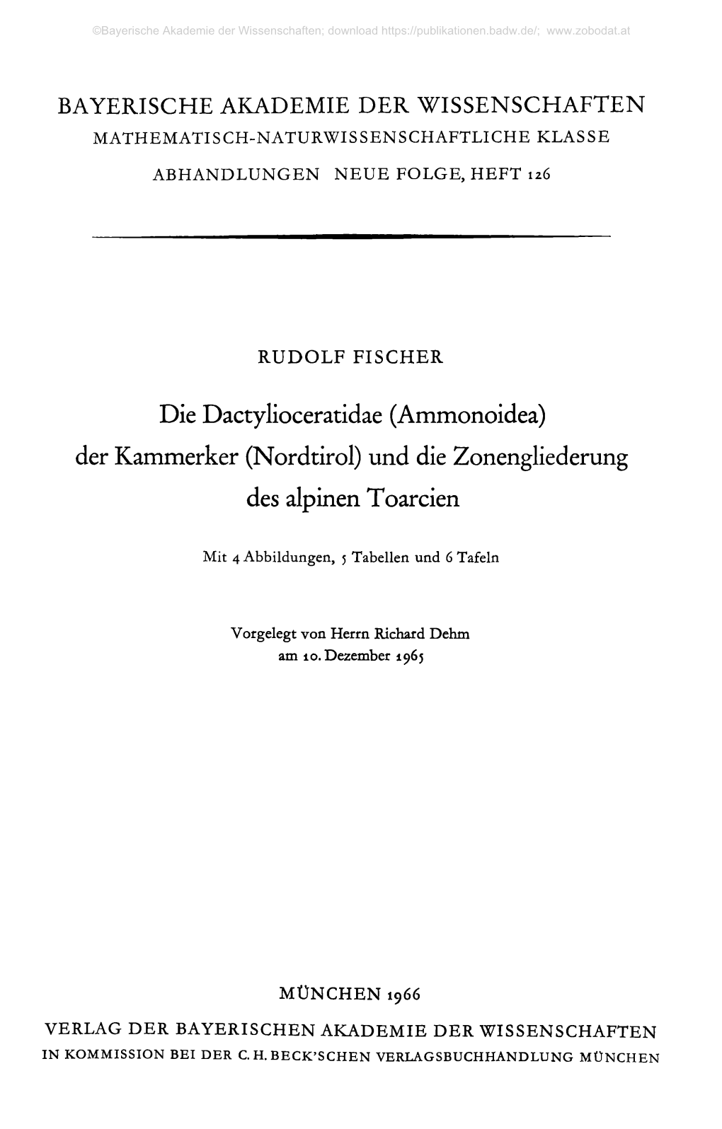 Ammonoidea) Der Kammerker (Nordtirol) Und Die Zonengliederung Des Alpinen Toarcien