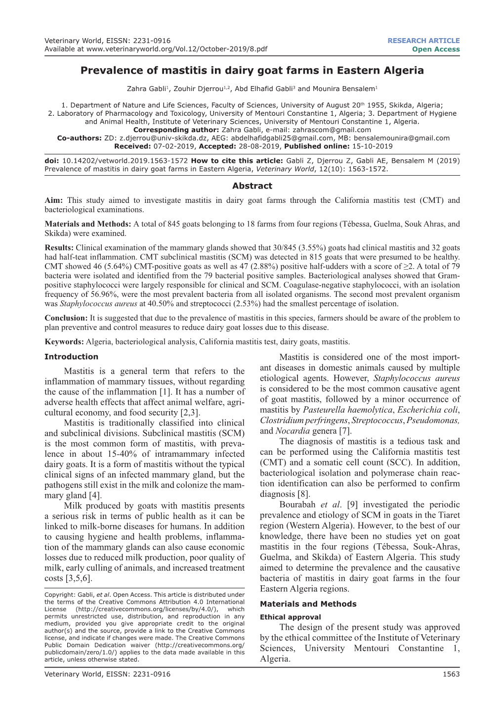 Prevalence of Mastitis in Dairy Goat Farms in Eastern Algeria