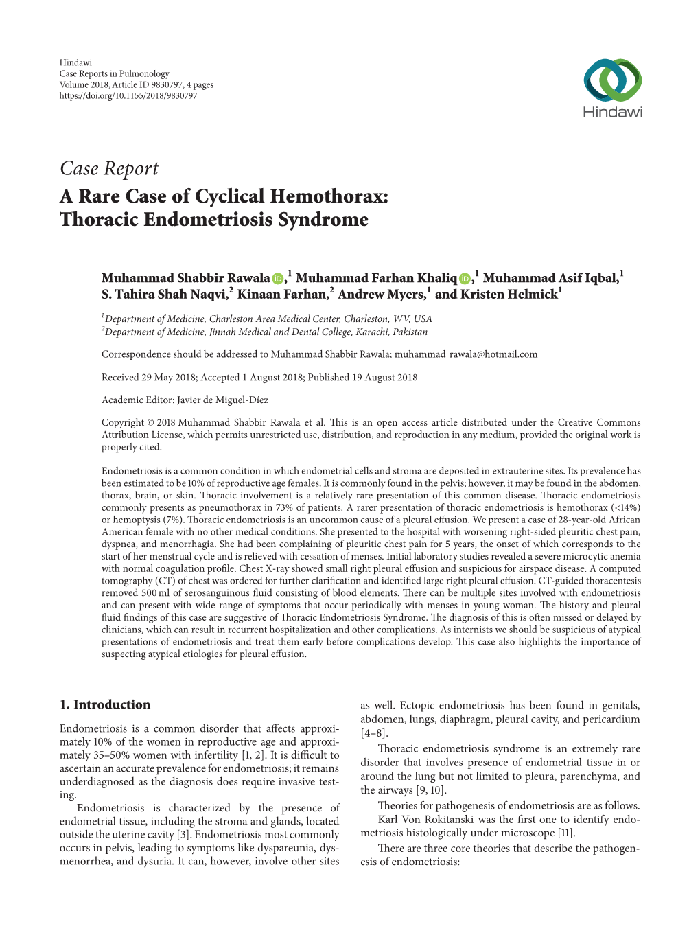 Case Report a Rare Case of Cyclical Hemothorax: Thoracic Endometriosis Syndrome